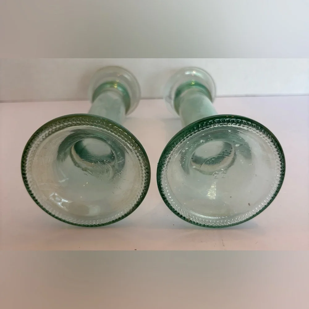 Vintage Pair Green Glass Candle Holders 7